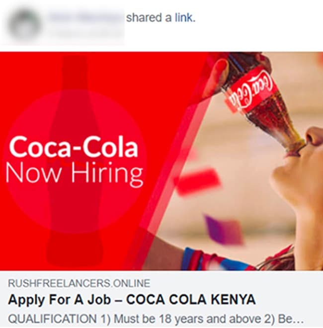 Fraud screenshot — coca-cola-hiring-scam