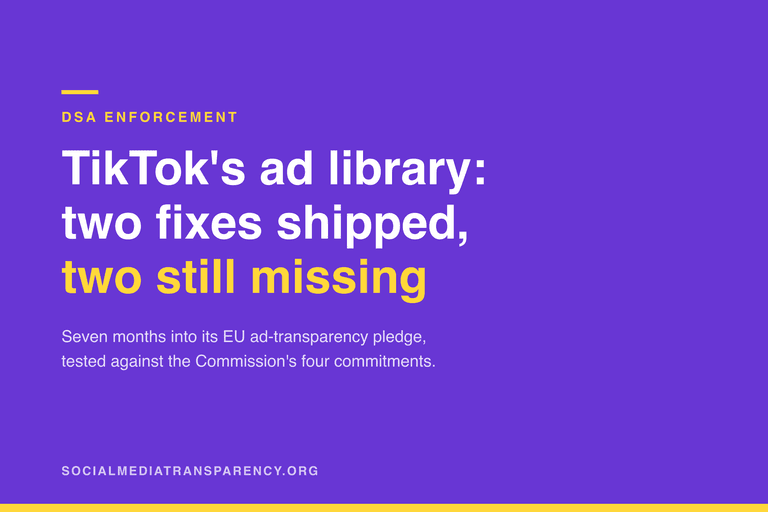 Brand card reading: DSA enforcement. TikTok's ad library: two fixes shipped, two still missing. Seven months into its EU ad-transparency pledge, tested against the Commission's four commitments.