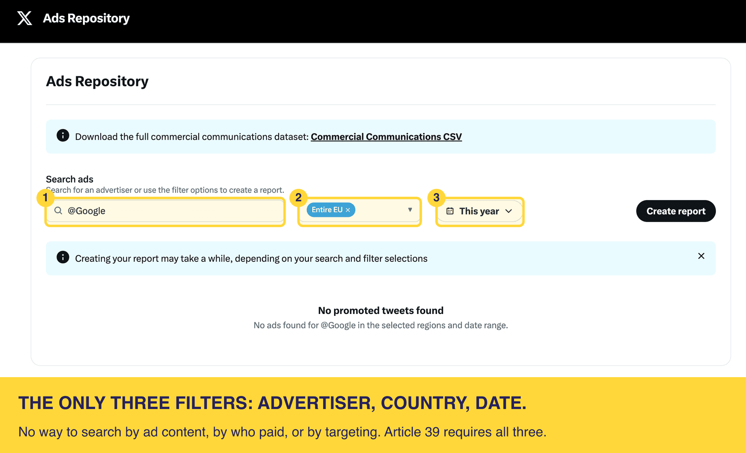 X ad repository search form with the advertiser, country and date filters highlighted; no way to search by content, funder or targeting.